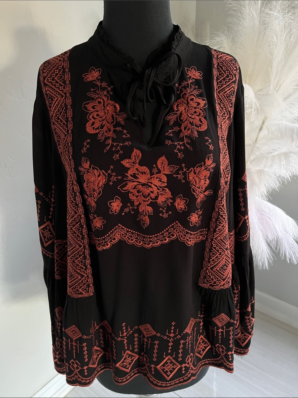 Black Tunic Top with Red Floral Embroidery